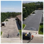 Aerial view of seal coating smaller parking lot